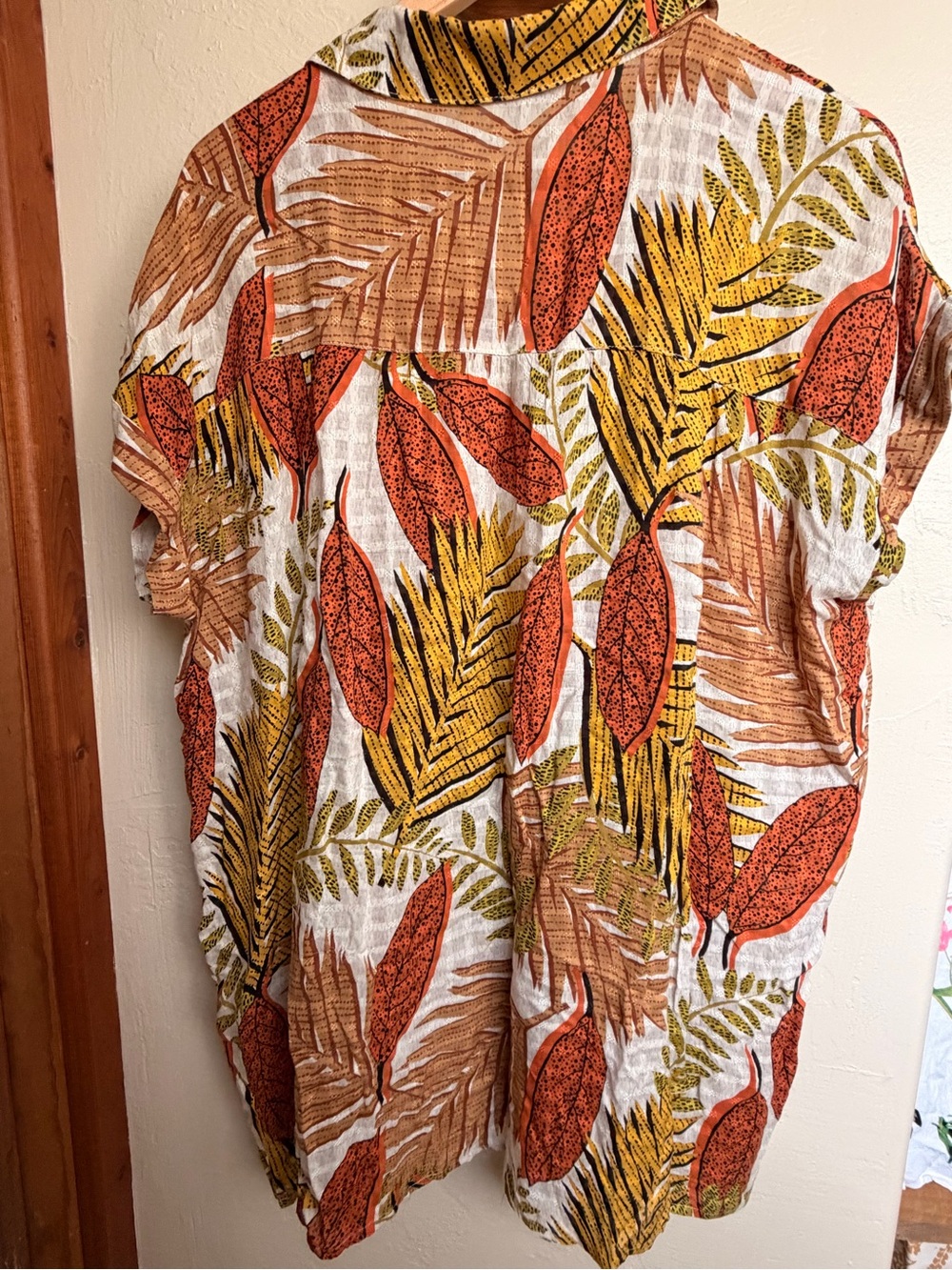 Rose & Olive Tropical Leaf Short Sleeve Button-Down in Rust, Yellow & White - Picture 2 of 5